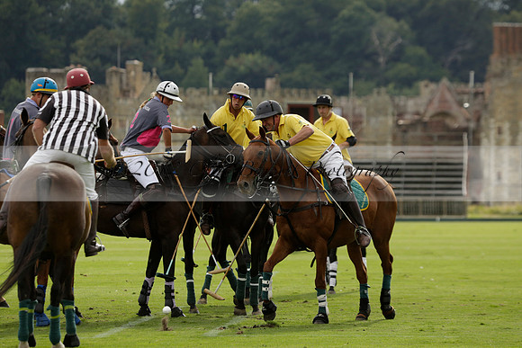 La Tremenda (lilac) v Maiz Dulce (yellow) in a Brecknock Cup polo match played on Lawns 1 at the Cowdray Park Polo Club on Tuesday 13 August 2013