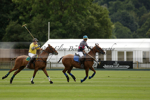 La Tremenda (lilac) v Maiz Dulce (yellow) in a Brecknock Cup polo match played on Lawns 1 at the Cowdray Park Polo Club on Tuesday 13 August 2013