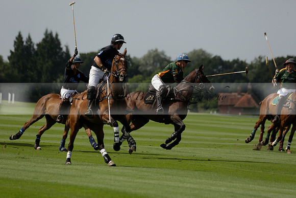 Maiz Dulce (green) v River (blue) in a Uber Polo Midsummer 12 goal polo match on Wednesday 21 August 2013 at Cowdray park Polo Club on Ambersham 2.  www.polopictures.co.uk