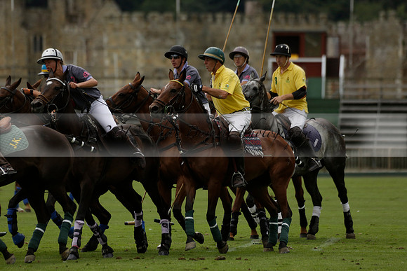 La Tremenda (lilac) v Maiz Dulce (yellow) in a Brecknock Cup polo match played on Lawns 1 at the Cowdray Park Polo Club on Tuesday 13 August 2013