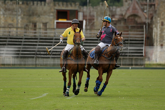 La Tremenda (lilac) v Maiz Dulce (yellow) in a Brecknock Cup polo match played on Lawns 1 at the Cowdray Park Polo Club on Tuesday 13 August 2013