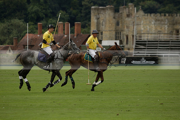 La Tremenda (lilac) v Maiz Dulce (yellow) in a Brecknock Cup polo match played on Lawns 1 at the Cowdray Park Polo Club on Tuesday 13 August 2013