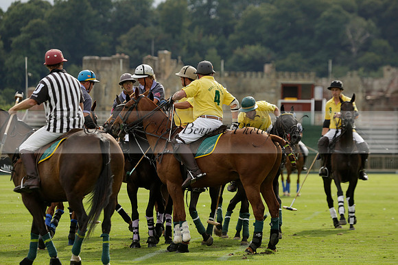 La Tremenda (lilac) v Maiz Dulce (yellow) in a Brecknock Cup polo match played on Lawns 1 at the Cowdray Park Polo Club on Tuesday 13 August 2013