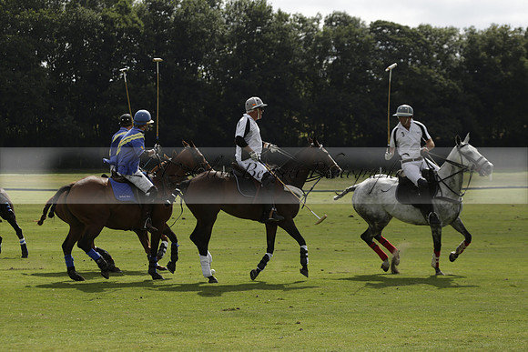 Combe Place (blue) v Silver Fox (white) in a Park House West Sussex Cup Polo match on Ambersham 1 at Cowdray Park Polo Club on Friday 30 August 2013. 2013.08.30 www.polopictures.co.uk