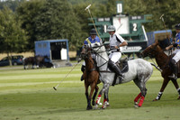 Combe Place (blue) v Silver Fox (white) in a Park House West Sussex Cup Polo match on Ambersham 1 at Cowdray Park Polo Club on Friday 30 August 2013. 2013.08.30 www.polopictures.co.uk